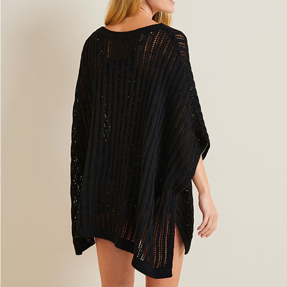 Garnet Hill ~ Black Linen & Organic Cotton Crochet Open Weave Poncho in OS - Picture 14 of 14
